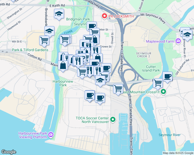 map of restaurants, bars, coffee shops, grocery stores, and more near 205 Mountain Highway in North Vancouver