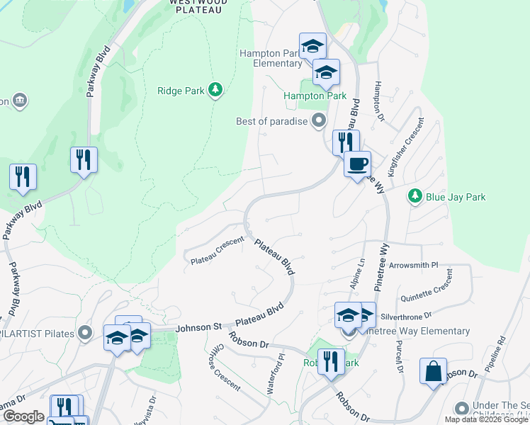 map of restaurants, bars, coffee shops, grocery stores, and more near 3059 Timber Court in Coquitlam