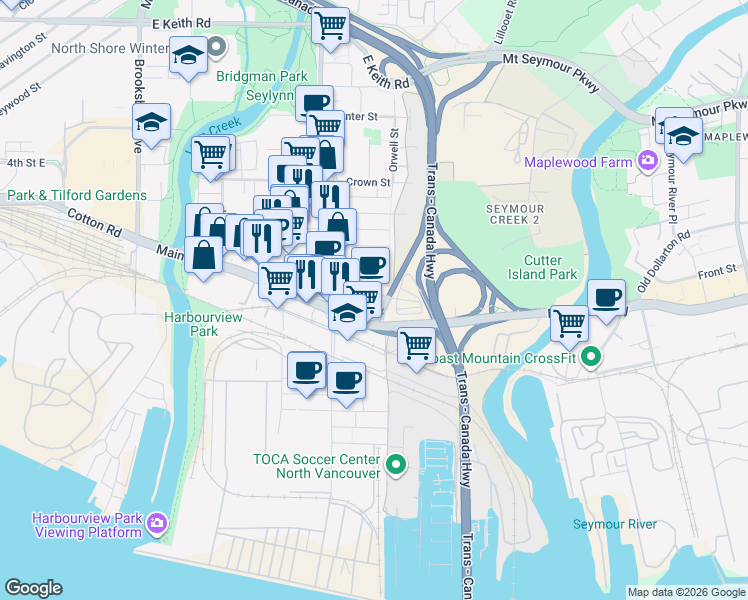 map of restaurants, bars, coffee shops, grocery stores, and more near 1575 Oxford Street in North Vancouver