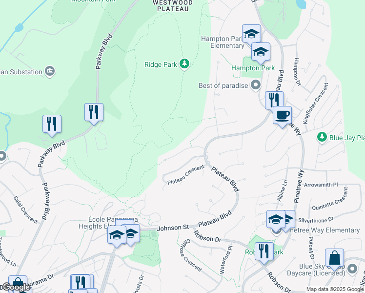 map of restaurants, bars, coffee shops, grocery stores, and more near 3035 Maplewood Court in Coquitlam