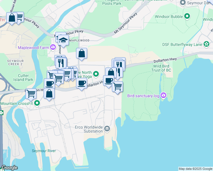 map of restaurants, bars, coffee shops, grocery stores, and more near 104 Forester Street in North Vancouver