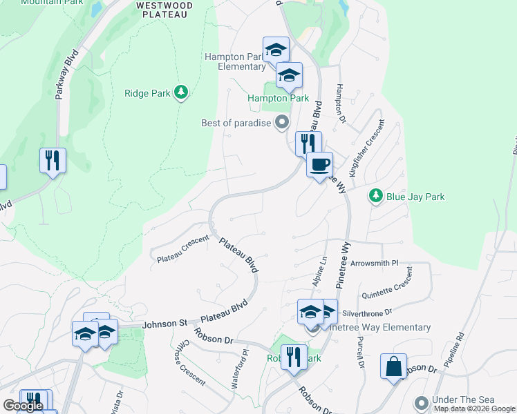 map of restaurants, bars, coffee shops, grocery stores, and more near 3073 Timber Court in Coquitlam