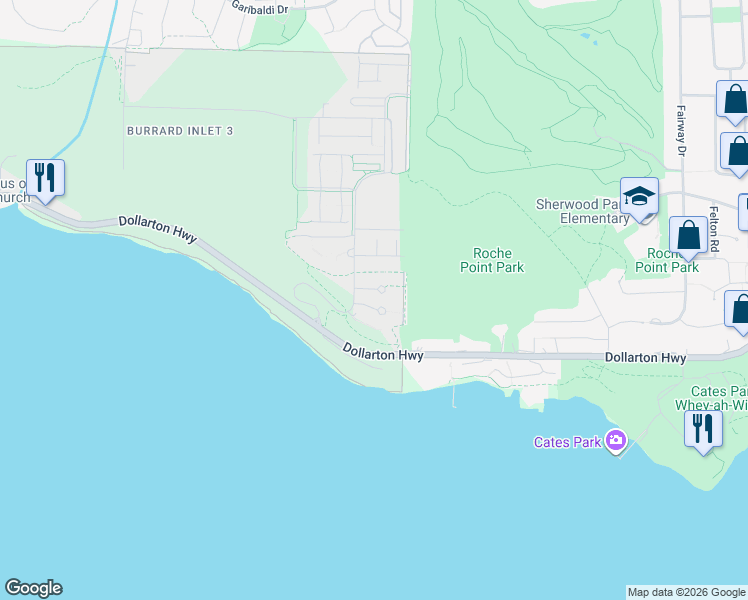 map of restaurants, bars, coffee shops, grocery stores, and more near 3608 Deercrest Drive in North Vancouver