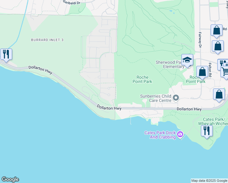 map of restaurants, bars, coffee shops, grocery stores, and more near 3625 Windcrest Drive in North Vancouver