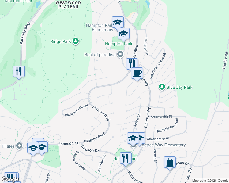 map of restaurants, bars, coffee shops, grocery stores, and more near 3086 Timber Court in Coquitlam