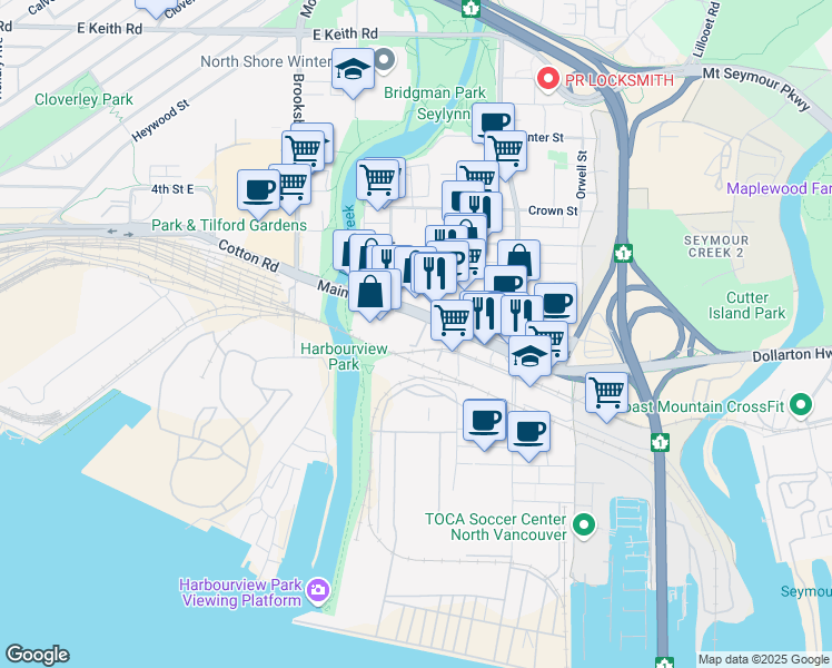 map of restaurants, bars, coffee shops, grocery stores, and more near in North Vancouver