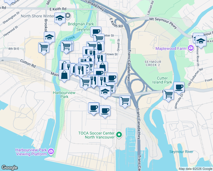 map of restaurants, bars, coffee shops, grocery stores, and more near 1527 Oxford Street in North Vancouver