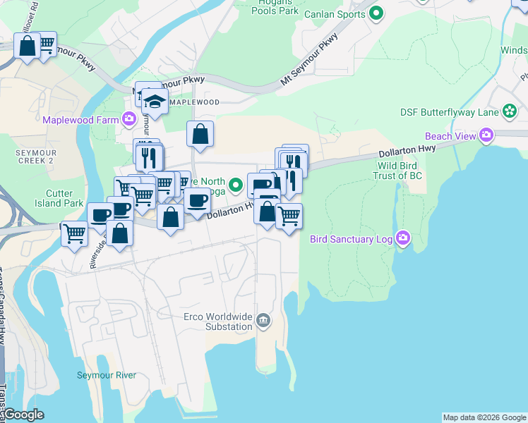 map of restaurants, bars, coffee shops, grocery stores, and more near 185 Forester Street in North Vancouver