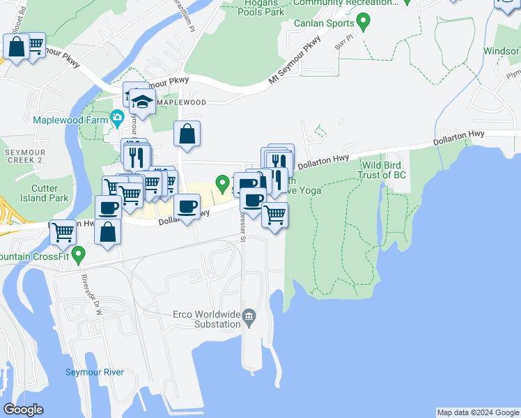 map of restaurants, bars, coffee shops, grocery stores, and more near 197 Forester Street in North Vancouver