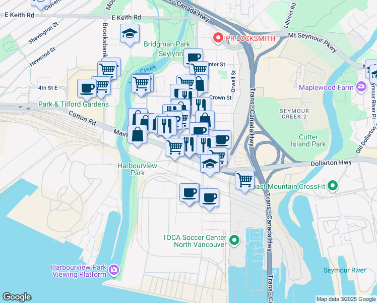 map of restaurants, bars, coffee shops, grocery stores, and more near in North Vancouver