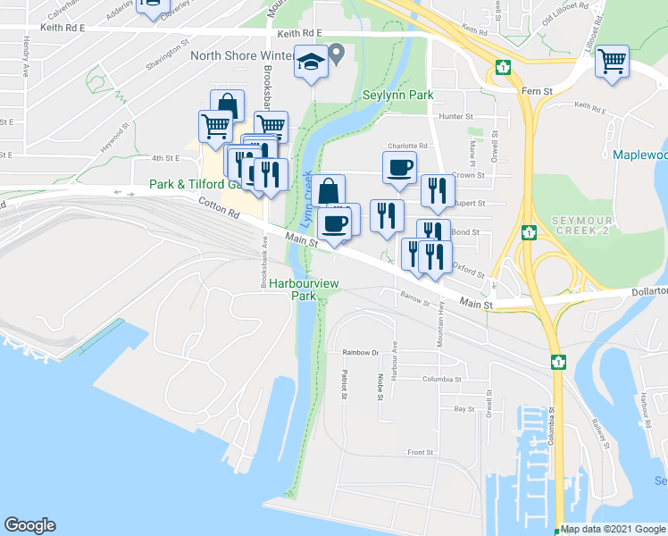 map of restaurants, bars, coffee shops, grocery stores, and more near 1331 Main Street in Greater Vancouver