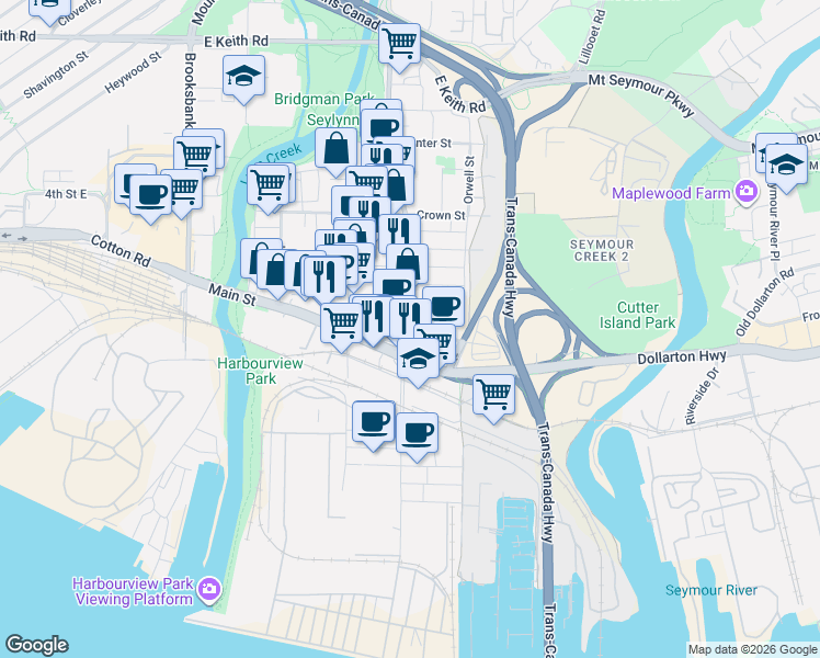 map of restaurants, bars, coffee shops, grocery stores, and more near 1529 Oxford Street in Vancouver