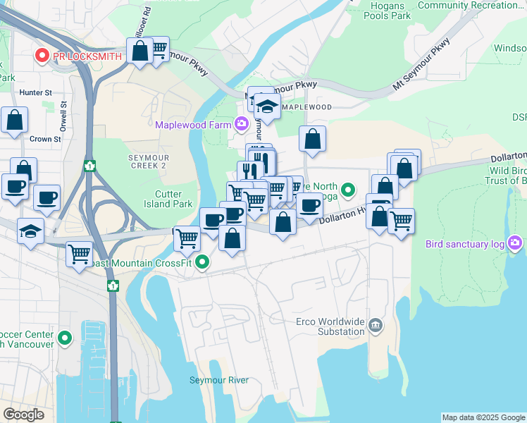 map of restaurants, bars, coffee shops, grocery stores, and more near 2151 Front Street in North Vancouver