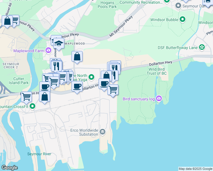 map of restaurants, bars, coffee shops, grocery stores, and more near 104 Forester Street in North Vancouver