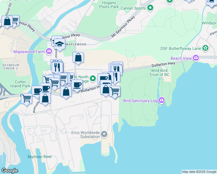map of restaurants, bars, coffee shops, grocery stores, and more near 2411 Dollarton Highway in North Vancouver
