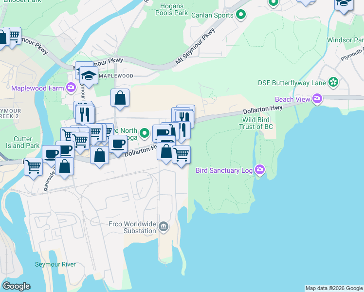 map of restaurants, bars, coffee shops, grocery stores, and more near 2455 Dollarton Highway in North Vancouver