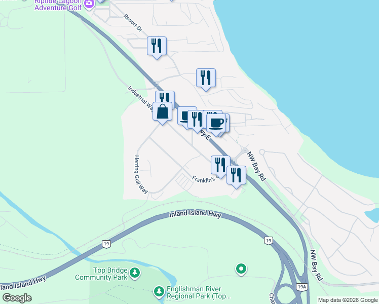 map of restaurants, bars, coffee shops, grocery stores, and more near 1154 Industrial Way in Parksville