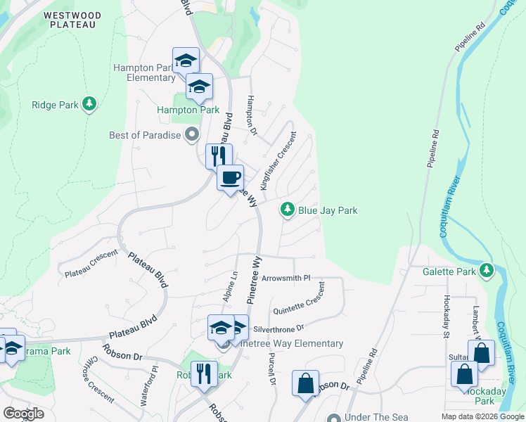 map of restaurants, bars, coffee shops, grocery stores, and more near 1645 Pinetree Way in Coquitlam