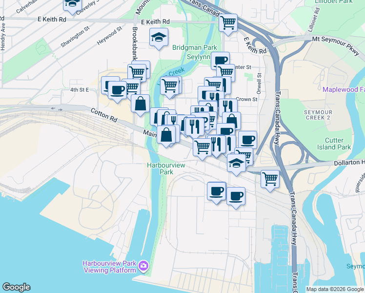 map of restaurants, bars, coffee shops, grocery stores, and more near 1357 Main Street in North Vancouver