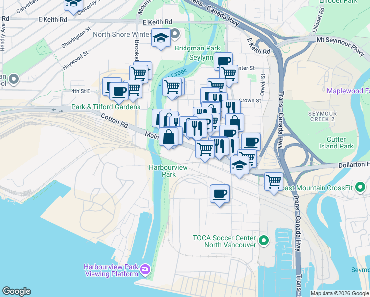 map of restaurants, bars, coffee shops, grocery stores, and more near 1355 Main Street in North Vancouver