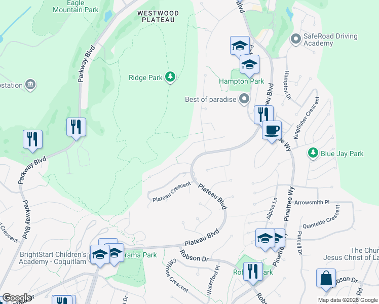 map of restaurants, bars, coffee shops, grocery stores, and more near 3048 Sienna Court in Coquitlam