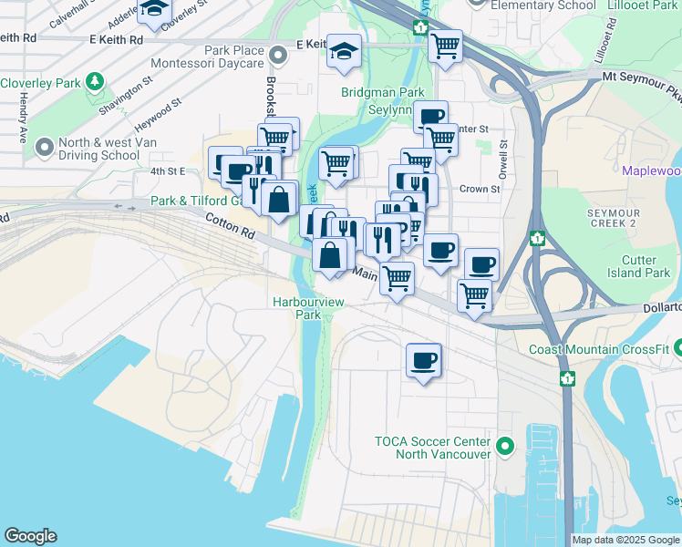 map of restaurants, bars, coffee shops, grocery stores, and more near 1331 Main Street in Greater Vancouver