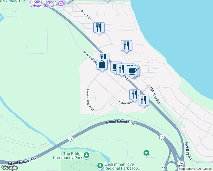 map of restaurants, bars, coffee shops, grocery stores, and more near 1147 Franklin's Gull Road in Parksville