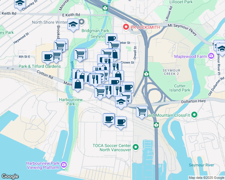 map of restaurants, bars, coffee shops, grocery stores, and more near 223 Mountain Highway in North Vancouver