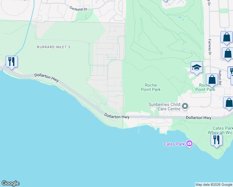 map of restaurants, bars, coffee shops, grocery stores, and more near 3600 Windcrest Drive in North Vancouver