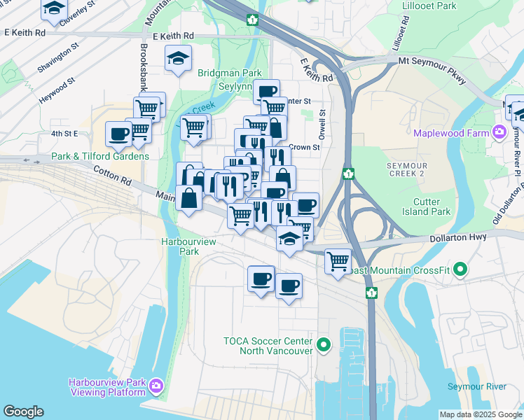map of restaurants, bars, coffee shops, grocery stores, and more near in North Vancouver