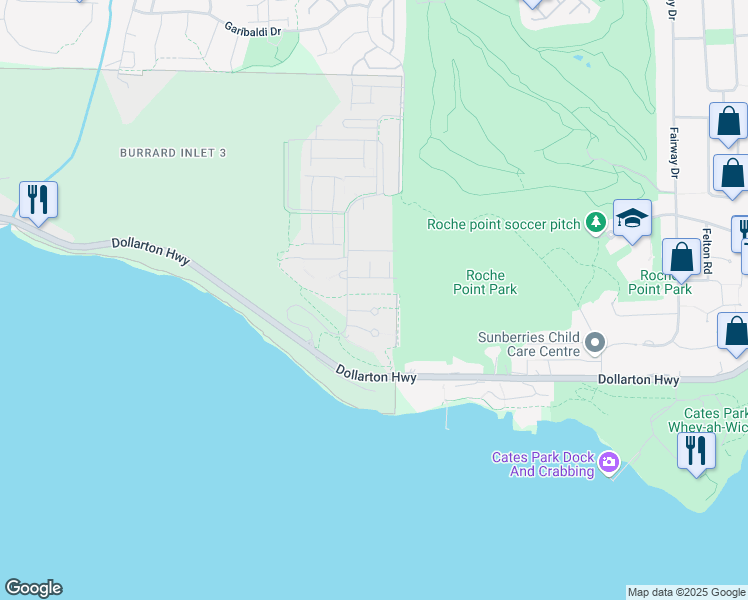 map of restaurants, bars, coffee shops, grocery stores, and more near 3600 Windcrest Drive in North Vancouver