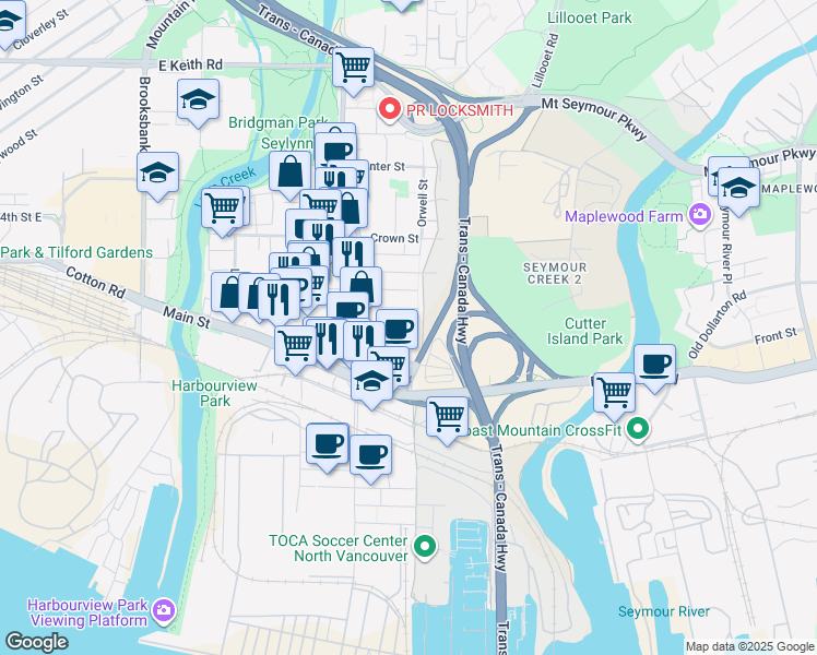 map of restaurants, bars, coffee shops, grocery stores, and more near 279 Orwell Street in North Vancouver