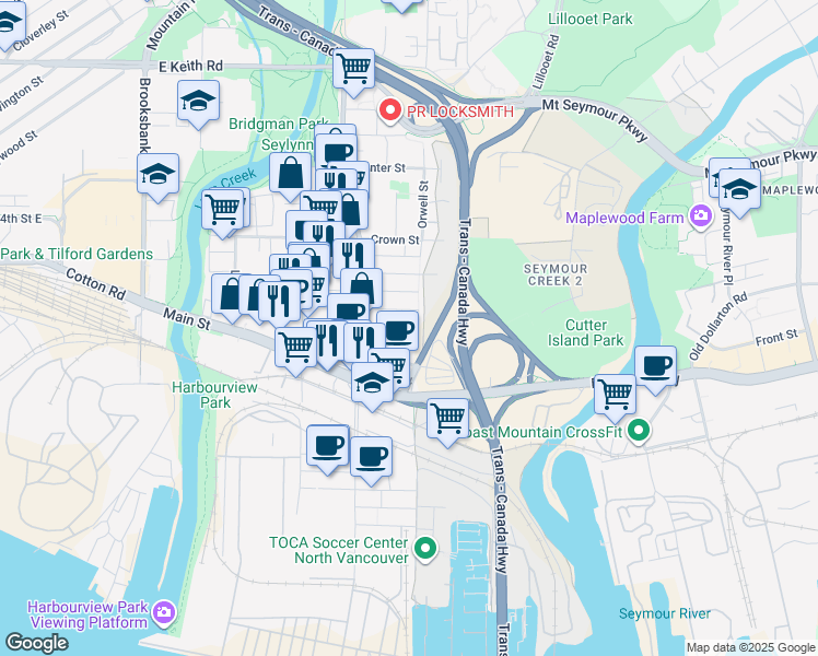 map of restaurants, bars, coffee shops, grocery stores, and more near 279 Orwell Street in North Vancouver