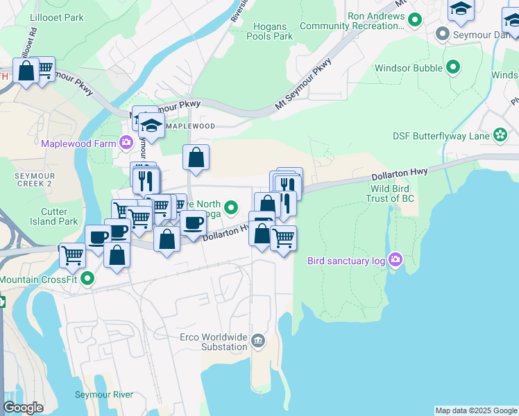 map of restaurants, bars, coffee shops, grocery stores, and more near 104 Forester Street in North Vancouver