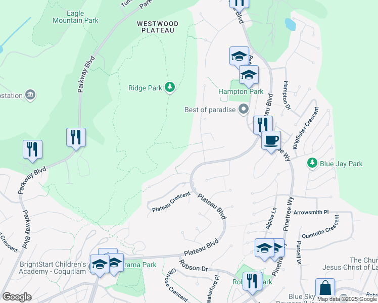 map of restaurants, bars, coffee shops, grocery stores, and more near 3051 Sienna Court in Coquitlam