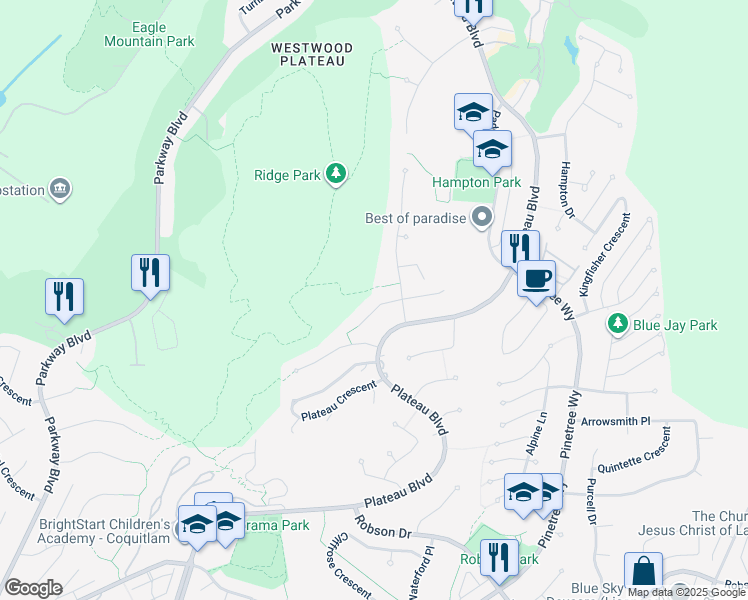 map of restaurants, bars, coffee shops, grocery stores, and more near 3051 Sienna Court in Coquitlam