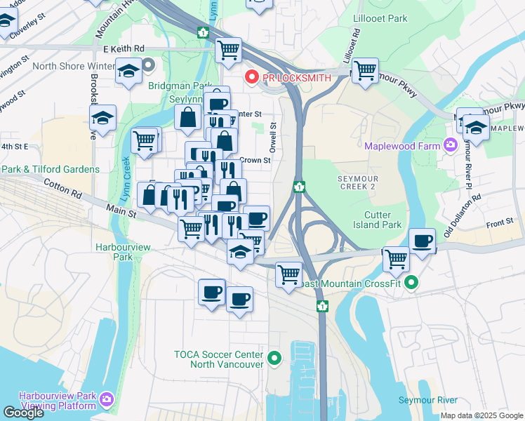 map of restaurants, bars, coffee shops, grocery stores, and more near 1583 Bond Street in North Vancouver