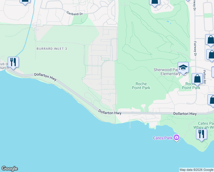 map of restaurants, bars, coffee shops, grocery stores, and more near 555 Raven Woods Drive in North Vancouver