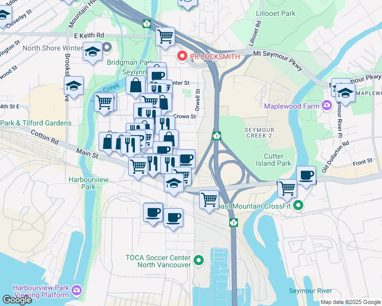map of restaurants, bars, coffee shops, grocery stores, and more near 1583 Bond Street in North Vancouver