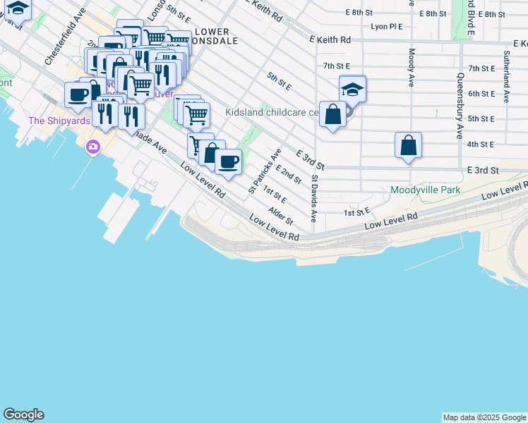 map of restaurants, bars, coffee shops, grocery stores, and more near 427 Alder Street in North Vancouver