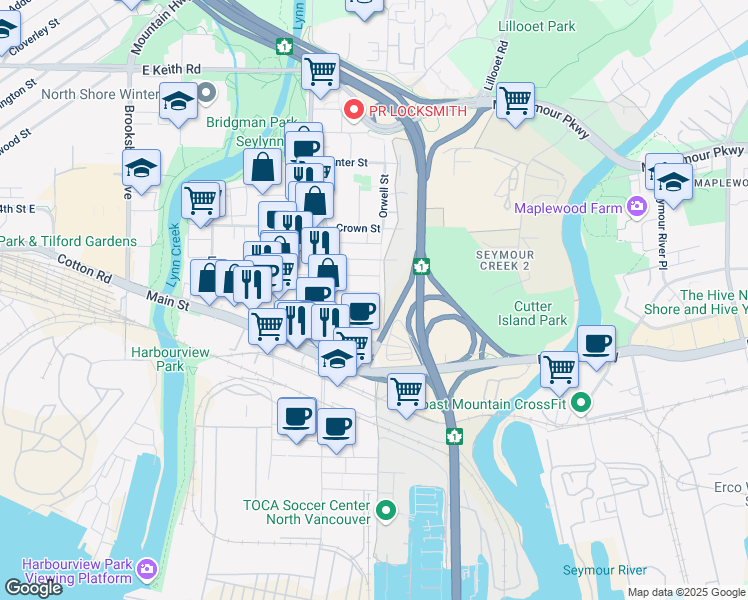 map of restaurants, bars, coffee shops, grocery stores, and more near 1591 Bond Street in North Vancouver