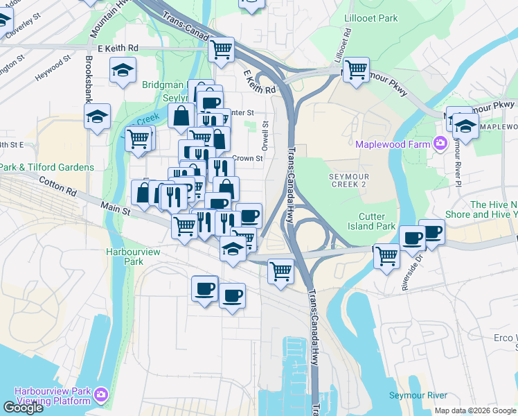 map of restaurants, bars, coffee shops, grocery stores, and more near 1591 Bond Street in North Vancouver