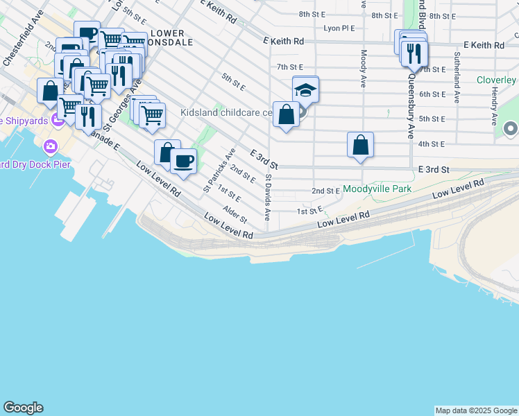 map of restaurants, bars, coffee shops, grocery stores, and more near 478 1st Street East in North Vancouver