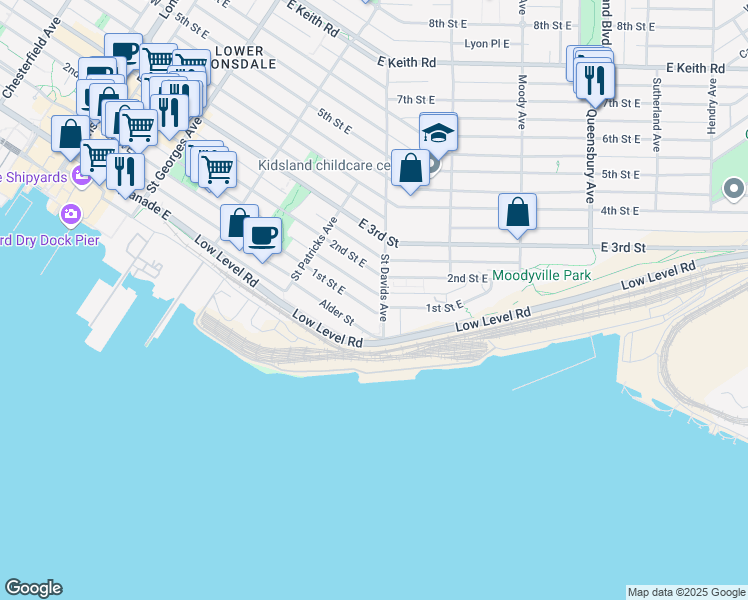 map of restaurants, bars, coffee shops, grocery stores, and more near 478 1st Street East in North Vancouver