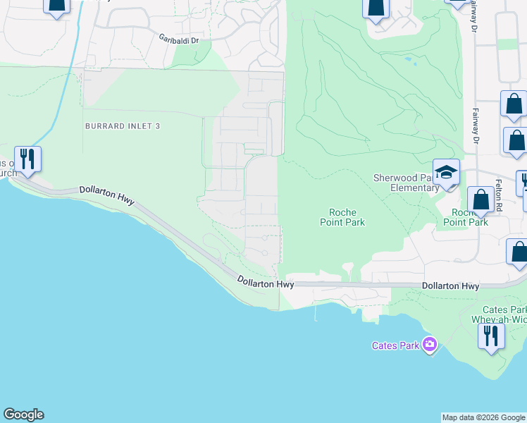 map of restaurants, bars, coffee shops, grocery stores, and more near Raven Woods Drive in Greater Vancouver