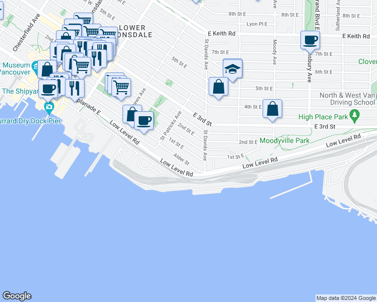 map of restaurants, bars, coffee shops, grocery stores, and more near 456 1st Street East in North Vancouver