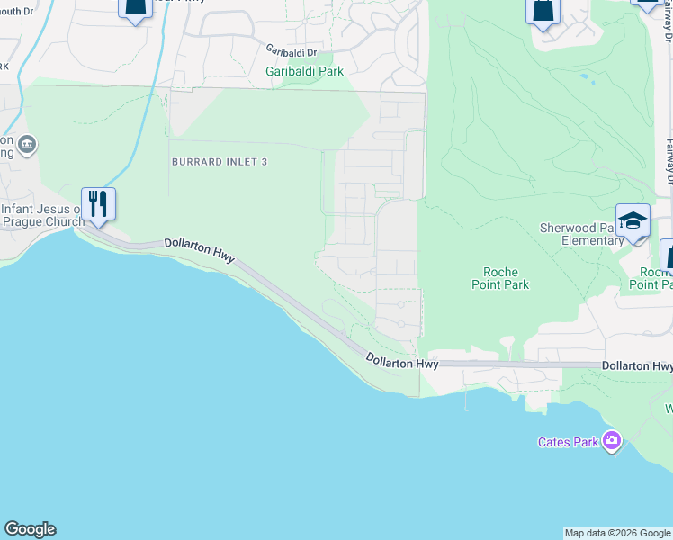 map of restaurants, bars, coffee shops, grocery stores, and more near 530 Raven Woods Drive in North Vancouver