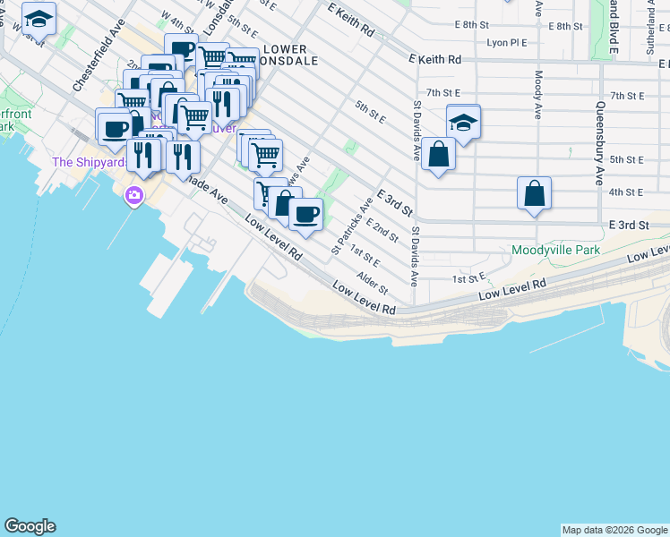 map of restaurants, bars, coffee shops, grocery stores, and more near 403 Alder Street in North Vancouver