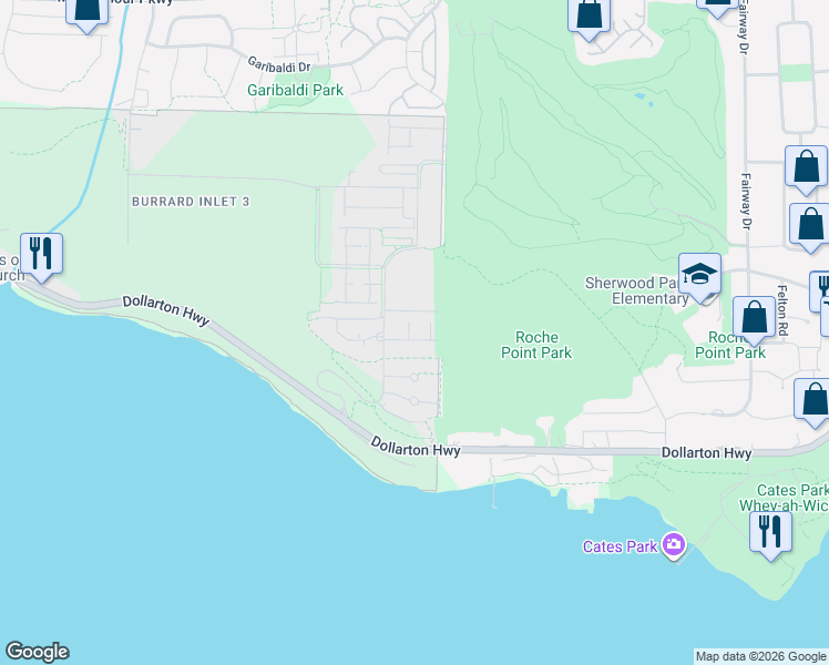 map of restaurants, bars, coffee shops, grocery stores, and more near Raven Woods Drive in Greater Vancouver