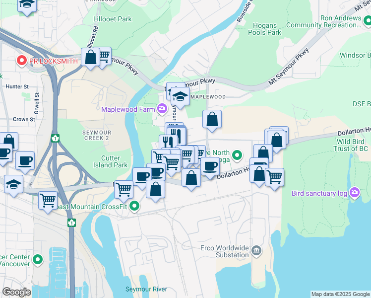 map of restaurants, bars, coffee shops, grocery stores, and more near 2131 Old Dollarton Road in North Vancouver